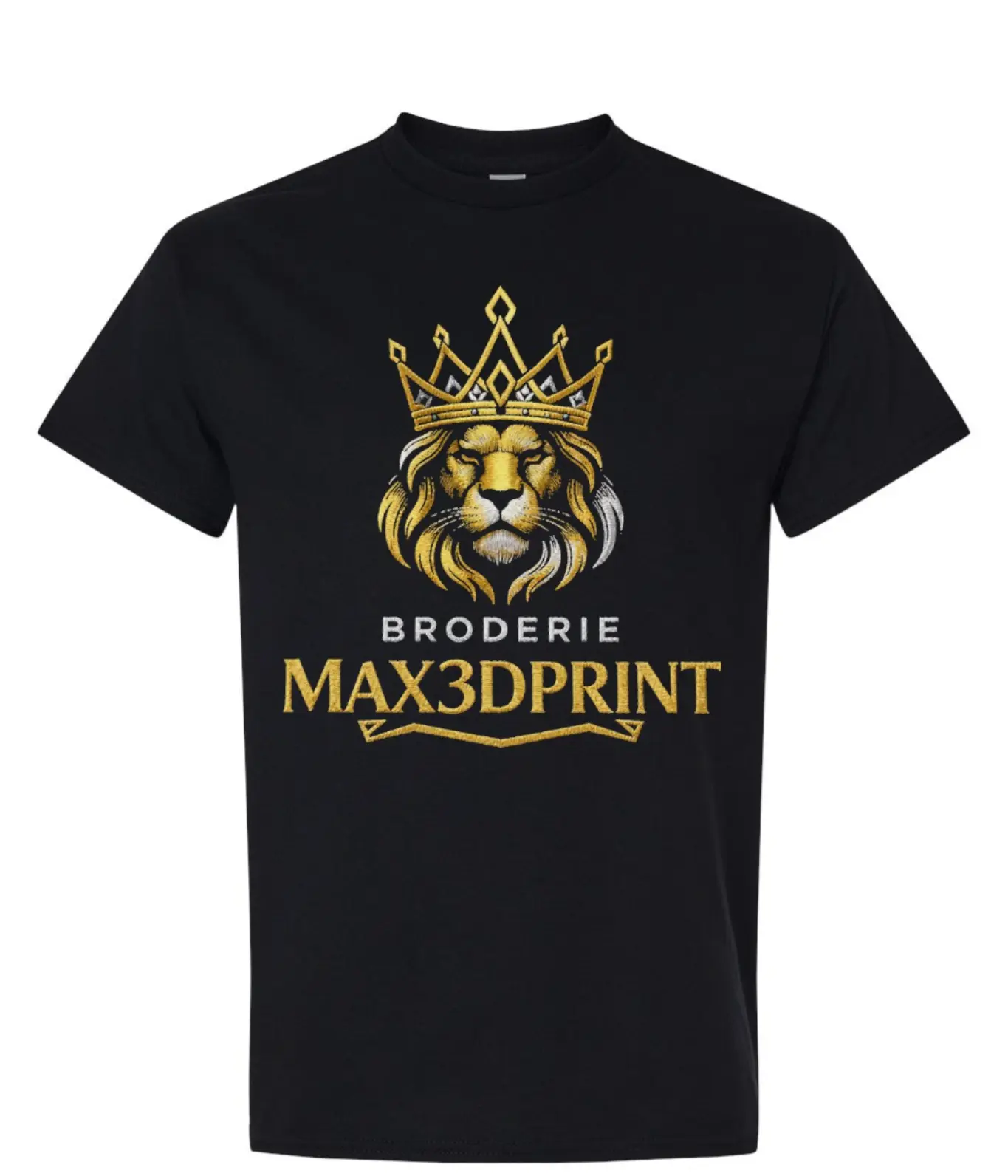T-shirt noir personnalisé avec logo brodé MAX3DPRINT représentant un lion doré couronné