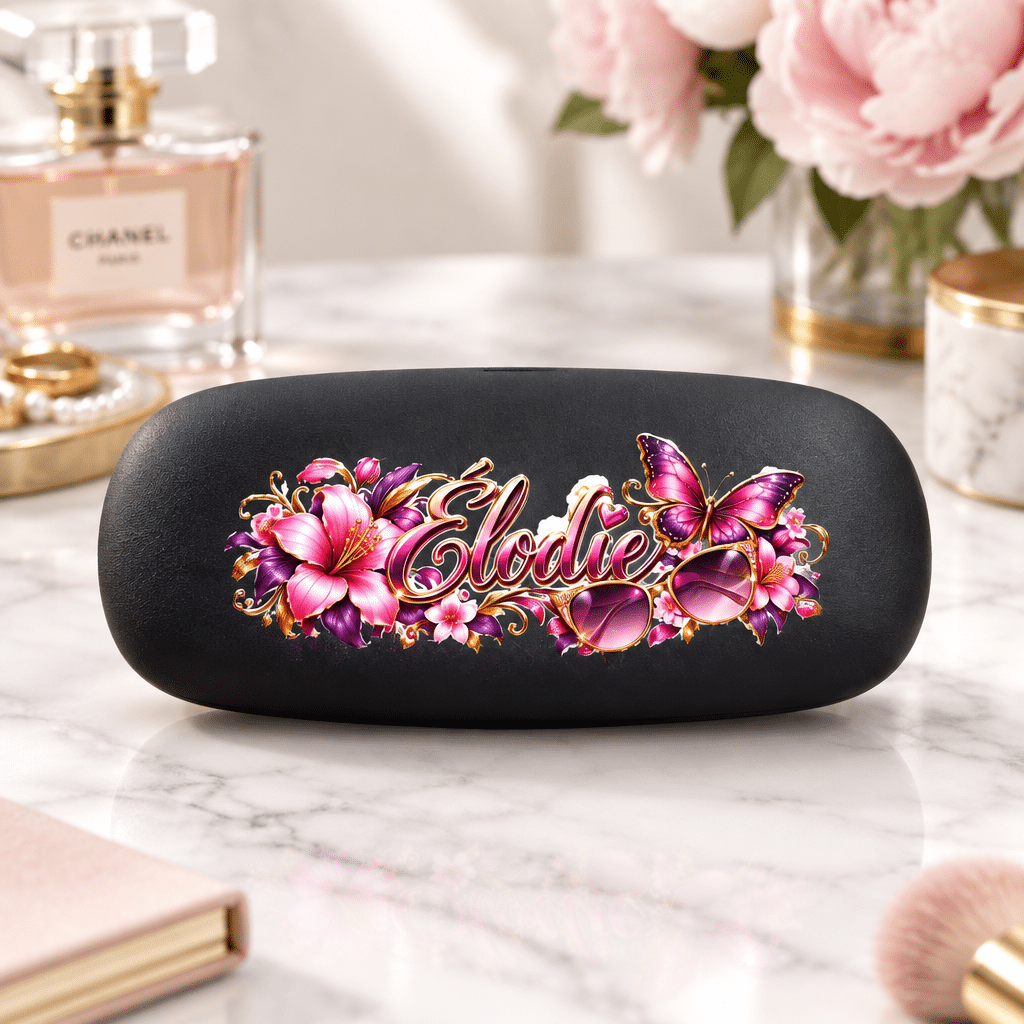 Étui à lunettes noir personnalisé par impression UV avec motif floral coloré